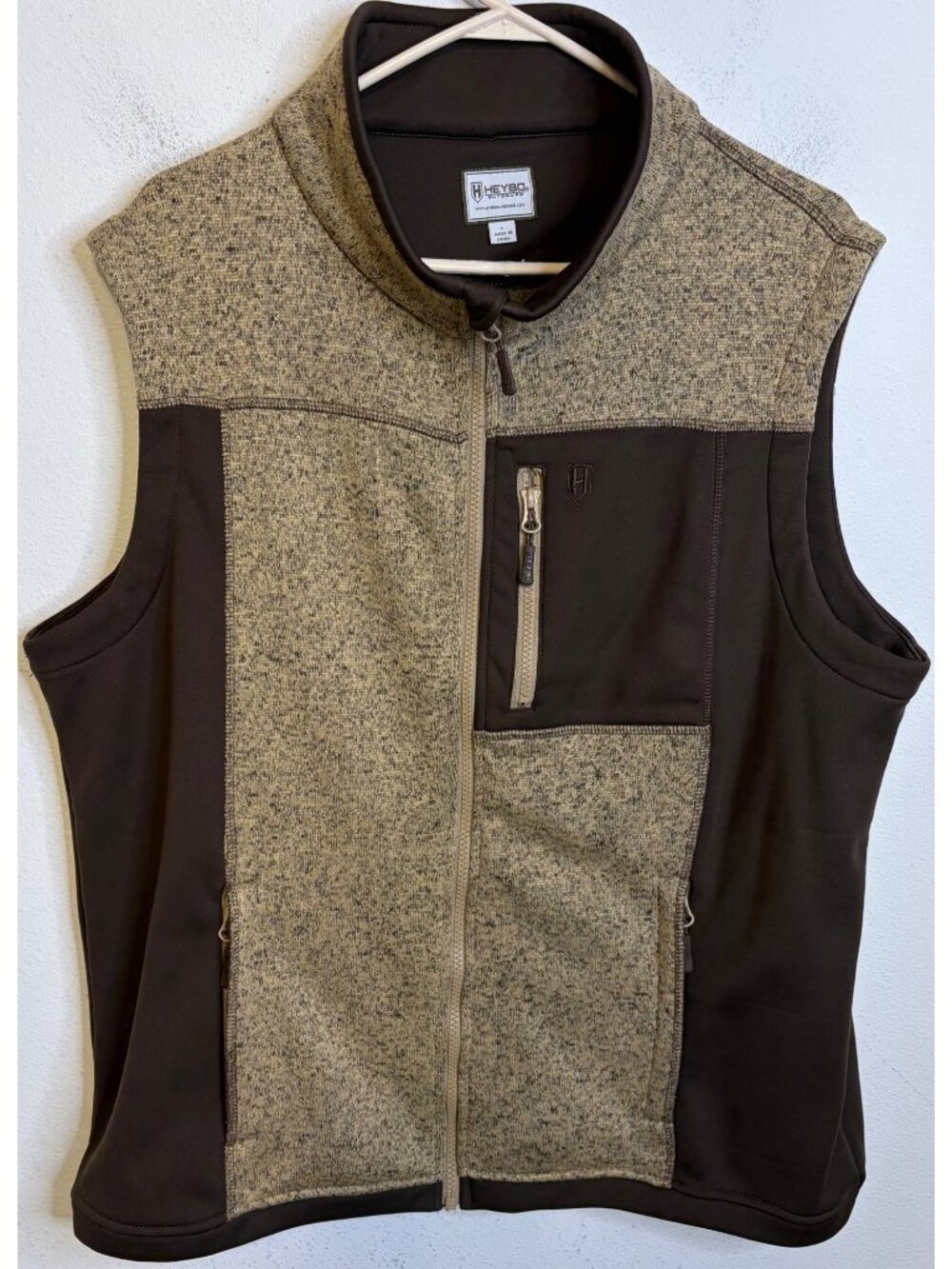 HEYBO Fleece Cabin Vest Full Zip Pockets Brown Men LARGE Mock Neck